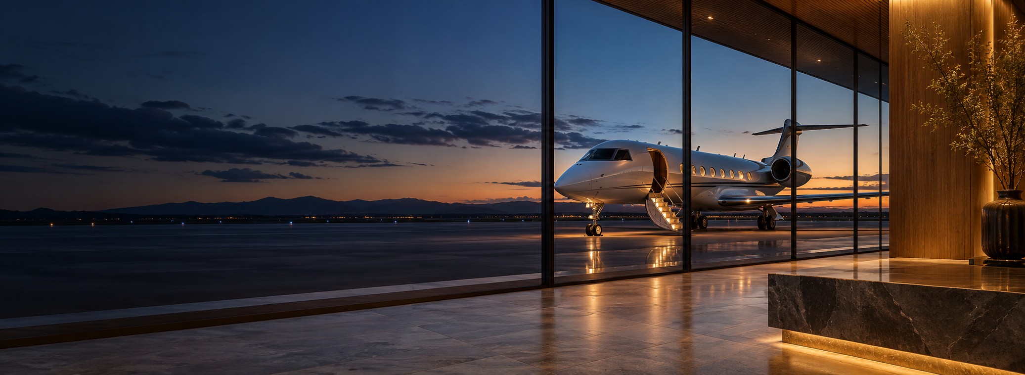 Illustrative private jet viewed from an elegant airport terminal at dusk