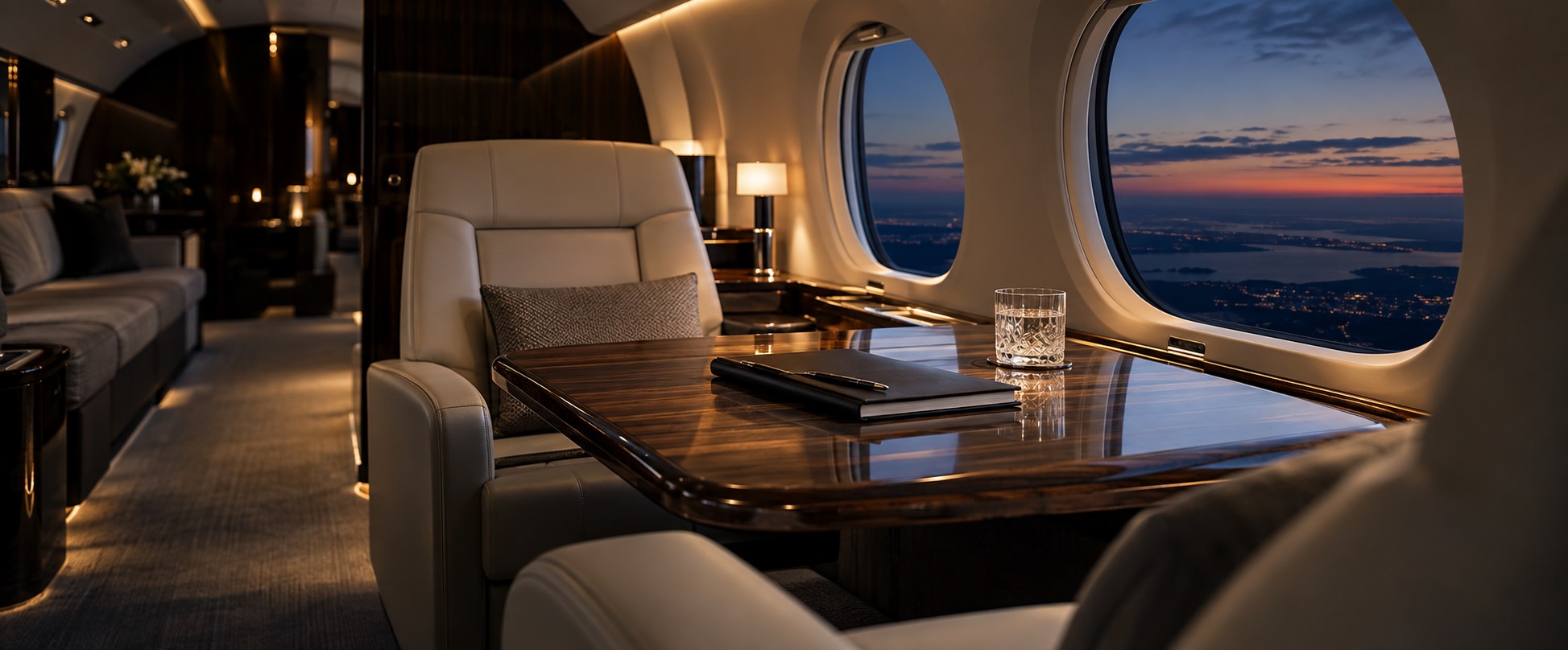Executive work area in a private aircraft cabin