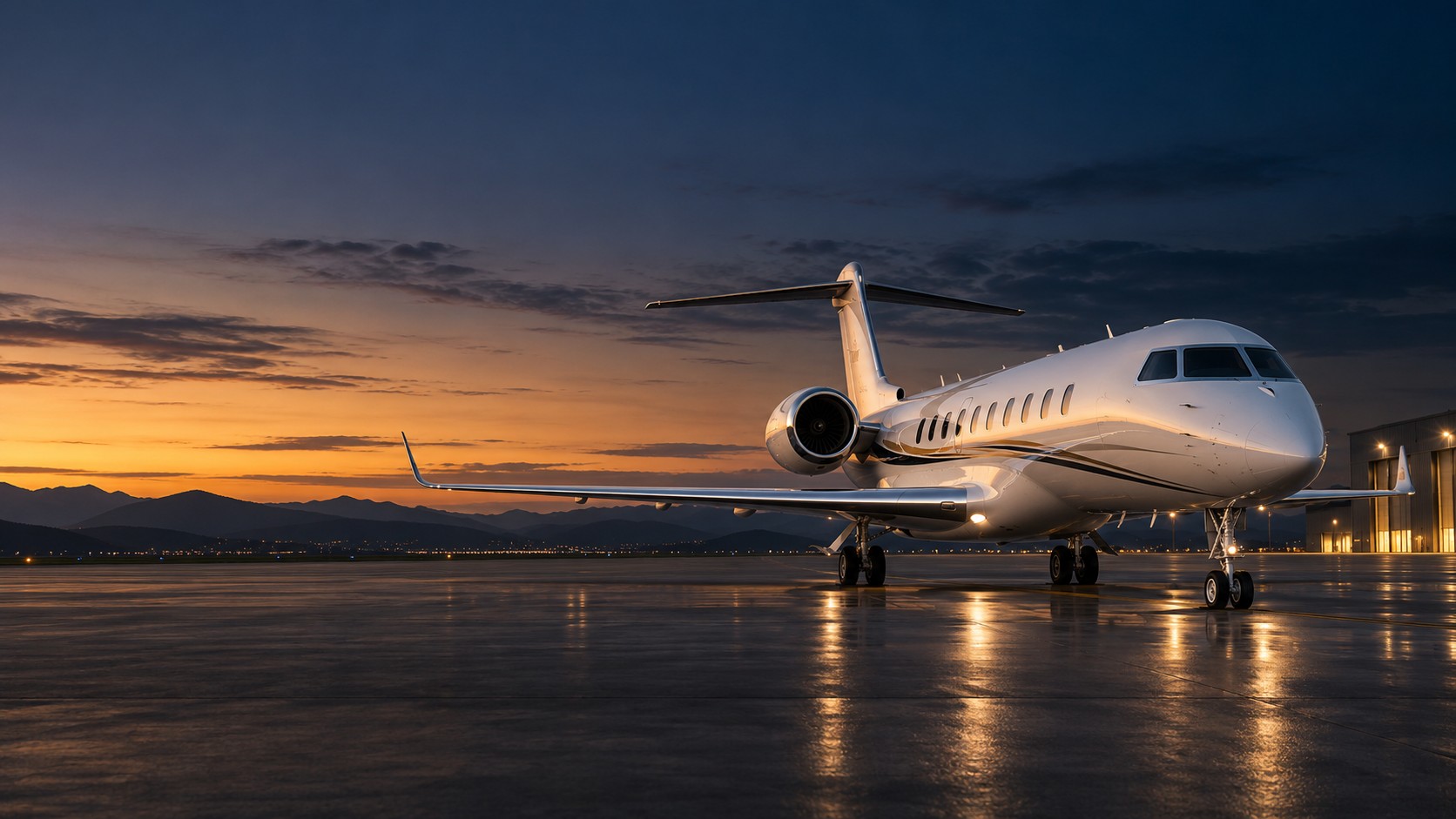 Illustrative private jet on an airport apron at dusk