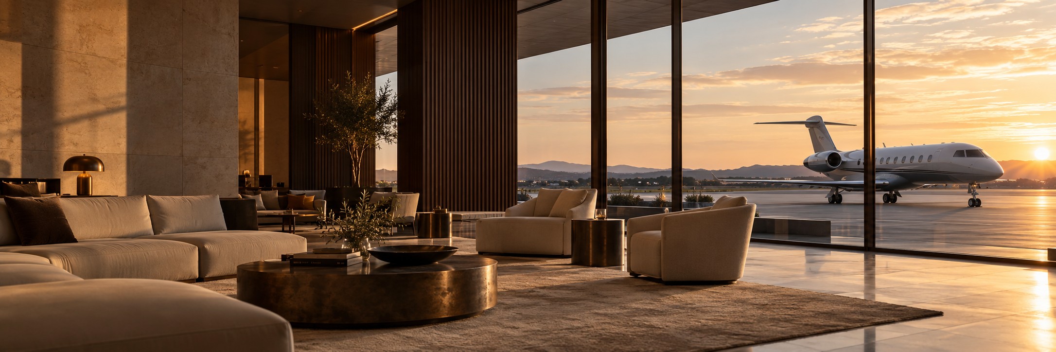 Illustrative elegant private aviation lounge overlooking a business jet at sunset